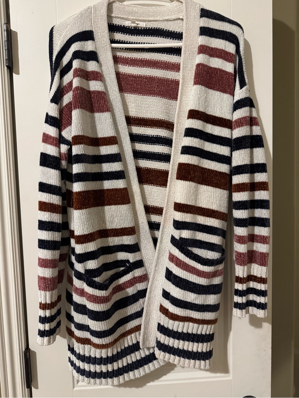 Maurices Striped Open-Front Cardigan - White, Navy, Brown & Dusty Rose